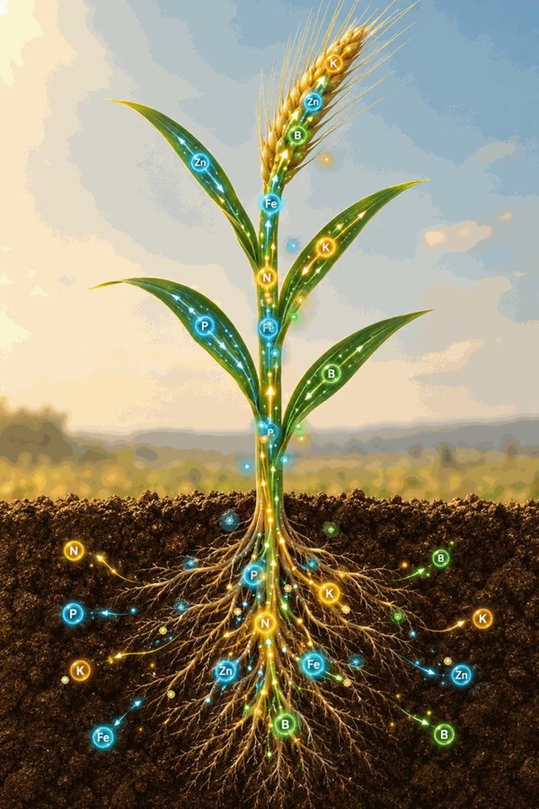 A wheat plant shown with the soil cut away, nitrogen, phosphorus, potassium, zinc, iron and boron rising from the roots to the ear